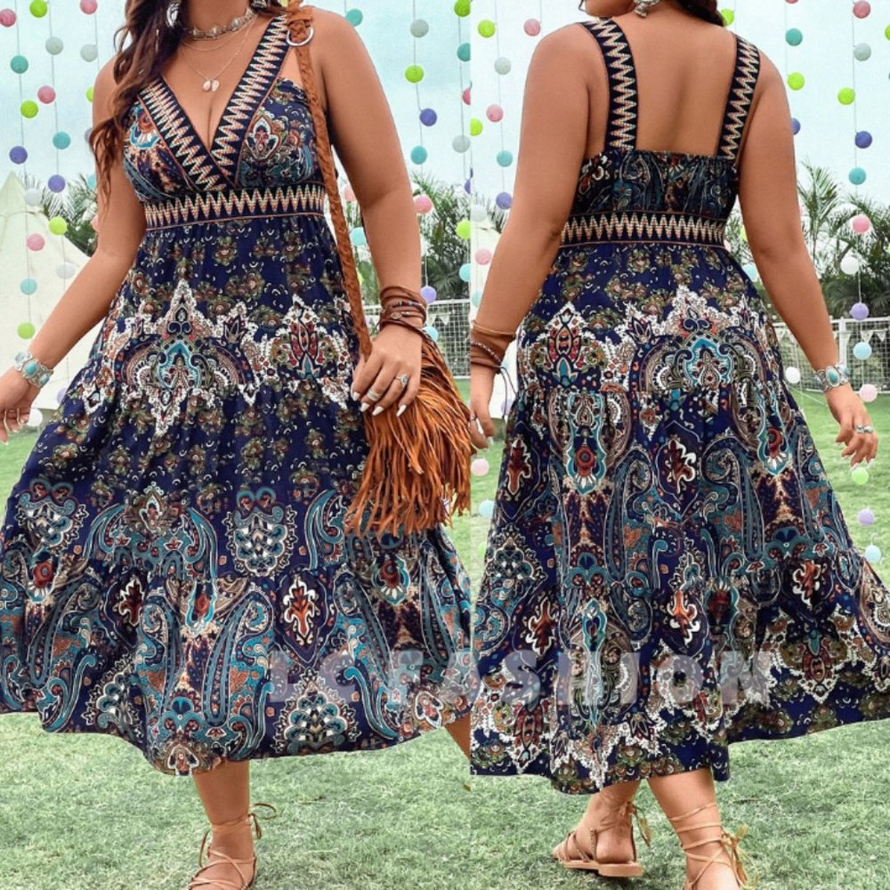Plus Size Boho Floral Dress,Paisley Print Ruffle Hem Cami Dress,Sleeveless Dress